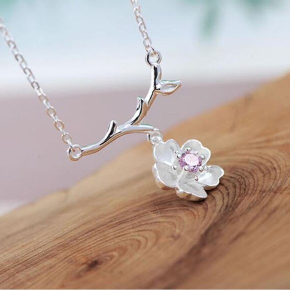 925 Sterling Silver Cherry Blossom Branch Necklace - Picture 3 of 4